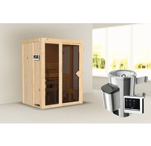 Houten sauna met glazen deur, saunakachel en bedieningseenheid