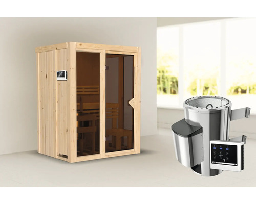 Houten sauna met glazen deur, saunakachel en bedieningseenheid