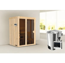 Houten sauna met glazen deur en saunakachel met bediening