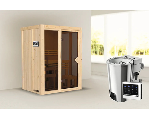 Houten sauna met glazen deur en saunakachel met bediening