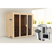 Houten sauna met glazen deur en saunaoven met bediening