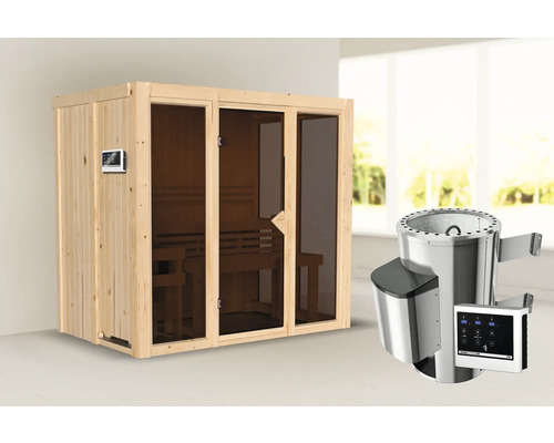 Houten sauna met glazen deur en saunaoven met bediening