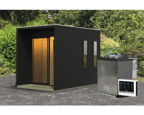 Buitensauna met saunakachel en bediening in de tuin