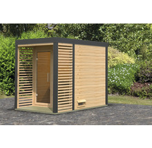Houten sauna met glazen deur in de tuin
