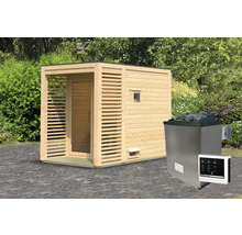 Houten sauna met kachel en bediening voor buiten