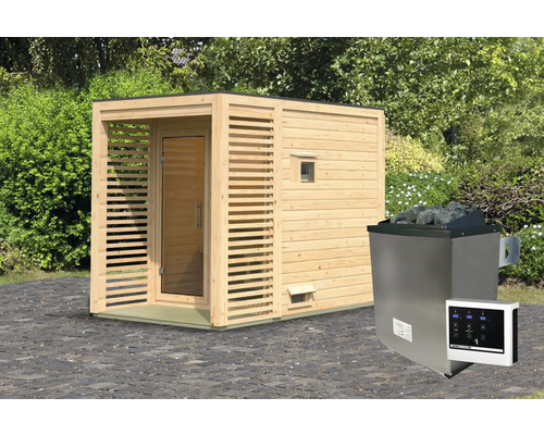 Houten sauna met kachel en bediening voor buiten