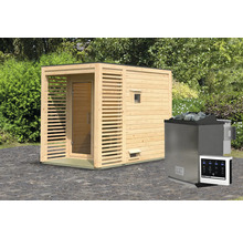 Blokhutsauna met saunaoven en bediening voor buiten