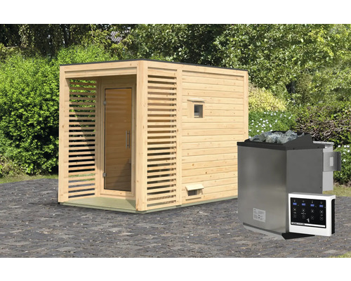 Blokhutsauna met saunaoven en bediening voor buiten