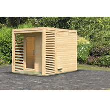 Vierkante tuinsauna van hout met glazen deur.