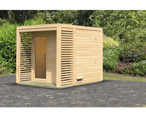 Vierkante tuinsauna van hout met glazen deur.