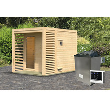Houten sauna met kachel en bedieningspaneel voor buiten