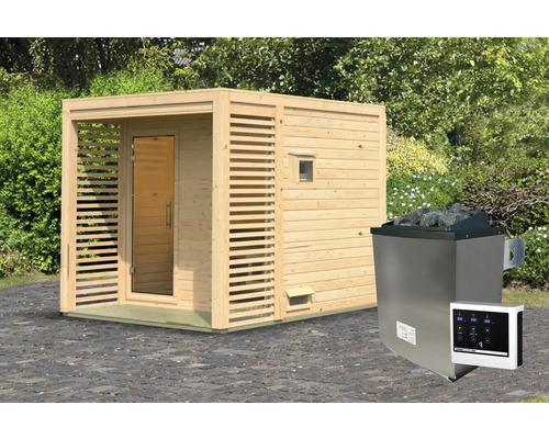 Houten sauna met kachel en bedieningspaneel voor buiten