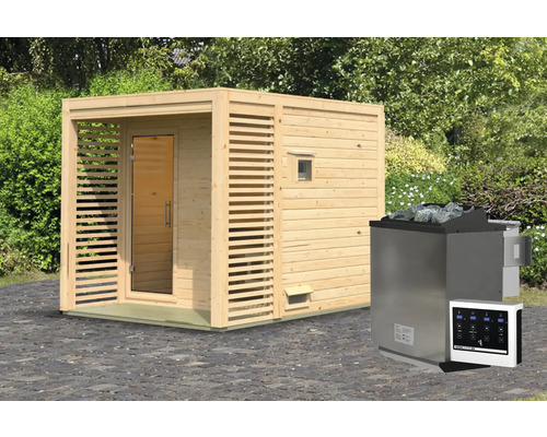 Houten sauna met kachel en bediening
