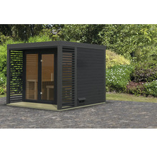 Tuinsauna met houten bekleding en glazen deur buitenshuis.