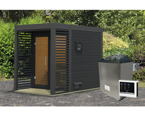 Buitensauna met kachel en bediening voor de tuin