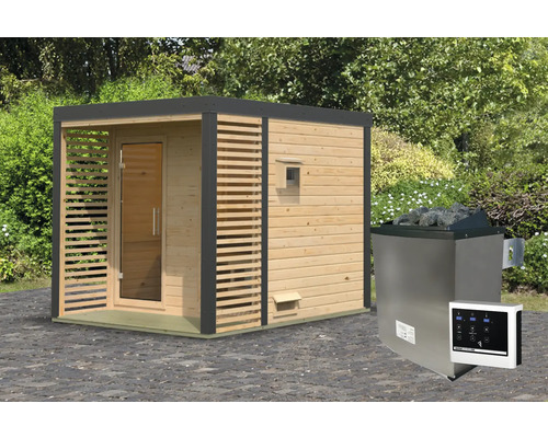 Buitensauna met saunakachel en bediening voor de tuin