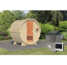 Vatvormige sauna met saunaoven in de tuin