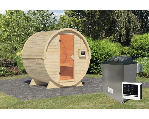 Vatvormige sauna met saunaoven in de tuin