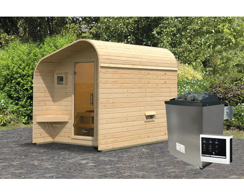 Houten barrelsauna met kachel en bediening