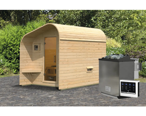 Houten barrelsauna met glazen deur en saunakachel