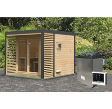 Sauna met saunakachel en bediening in de buitenruimte