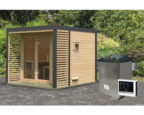 Sauna met saunakachel en bediening in de buitenruimte