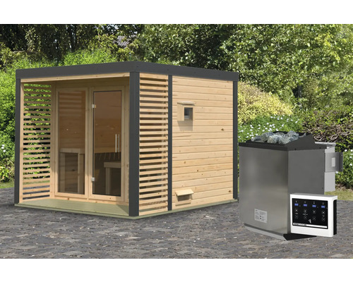 Tuin sauna met saunakachel en bedieningspaneel