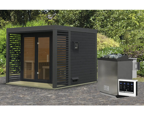 Buitensauna met kachel en bediening voor de tuin