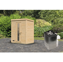 Houten sauna met saunakachel in de tuin
