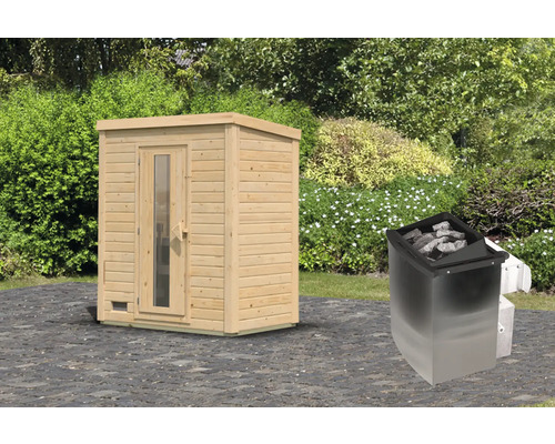 Houten sauna met saunakachel in de tuin