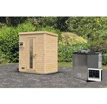 Houten sauna met saunakachel en bediening voor de tuin
