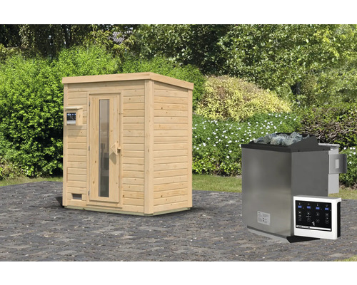 Houten sauna met saunakachel en bediening voor de tuin