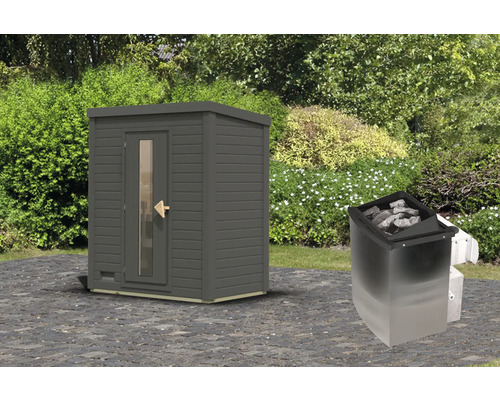 Buitensauna met saunaoven in de tuin
