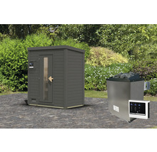 Buitensauna met kachel en bediening in de tuin