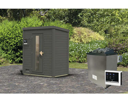 Buitensauna met kachel en bediening in de tuin