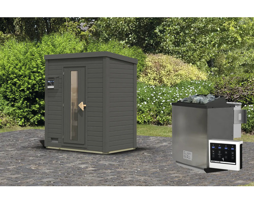 Buitensauna met saunakachel en bediening voor de tuin