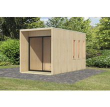 Modern houten tuinhuis met schuifdeur en drie ramen