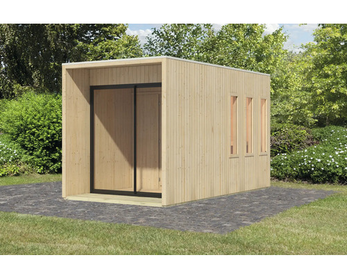 Modern houten tuinhuis met schuifdeur en drie ramen