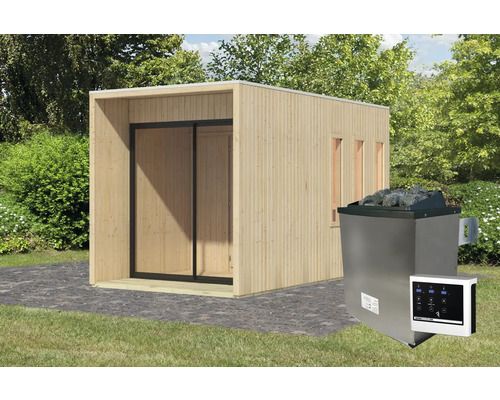 Buitenaanzicht van een houten tuinsauna met saunakachel en bediening