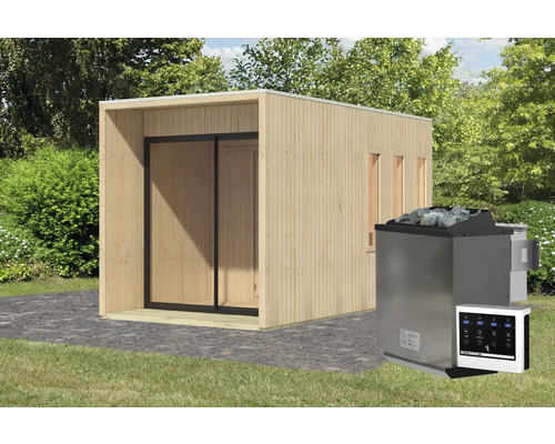 Buitensauna met kachel en bediening in de tuin