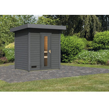 Houten sauna met glazen deur in de tuin