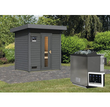 Buitensauna met saunakachel en bediening in de tuin