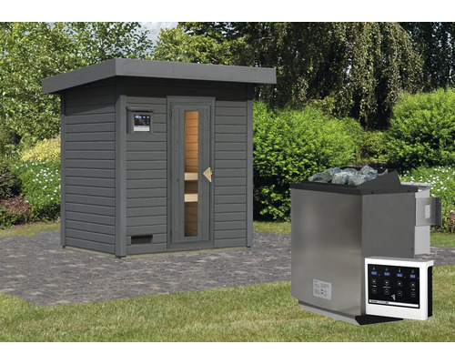 Buitensauna met saunakachel en bediening in de tuin
