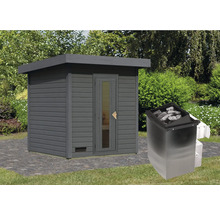 Buitensauna met saunakachel in de tuin