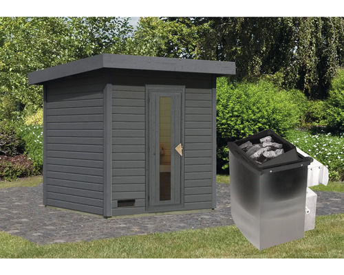 Buitensauna met saunakachel in de tuin