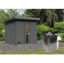 Grijze tuinsauna met saunakachel