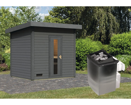 Grijze tuinsauna met saunakachel