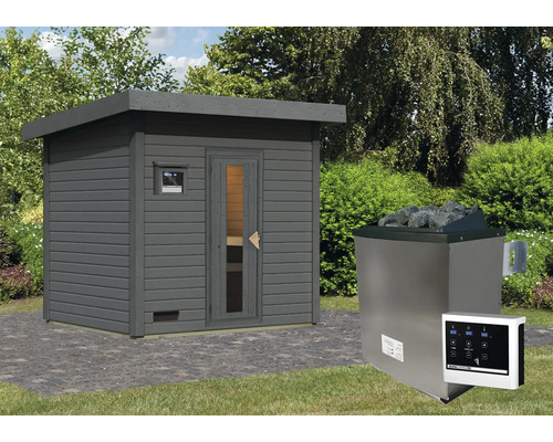 Buitensauna met saunakachel en bediening in de tuin