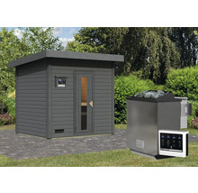 Buitensauna met saunakachel en bediening in de tuin