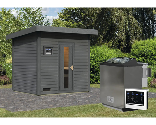 Buitensauna met saunakachel en bediening in de tuin